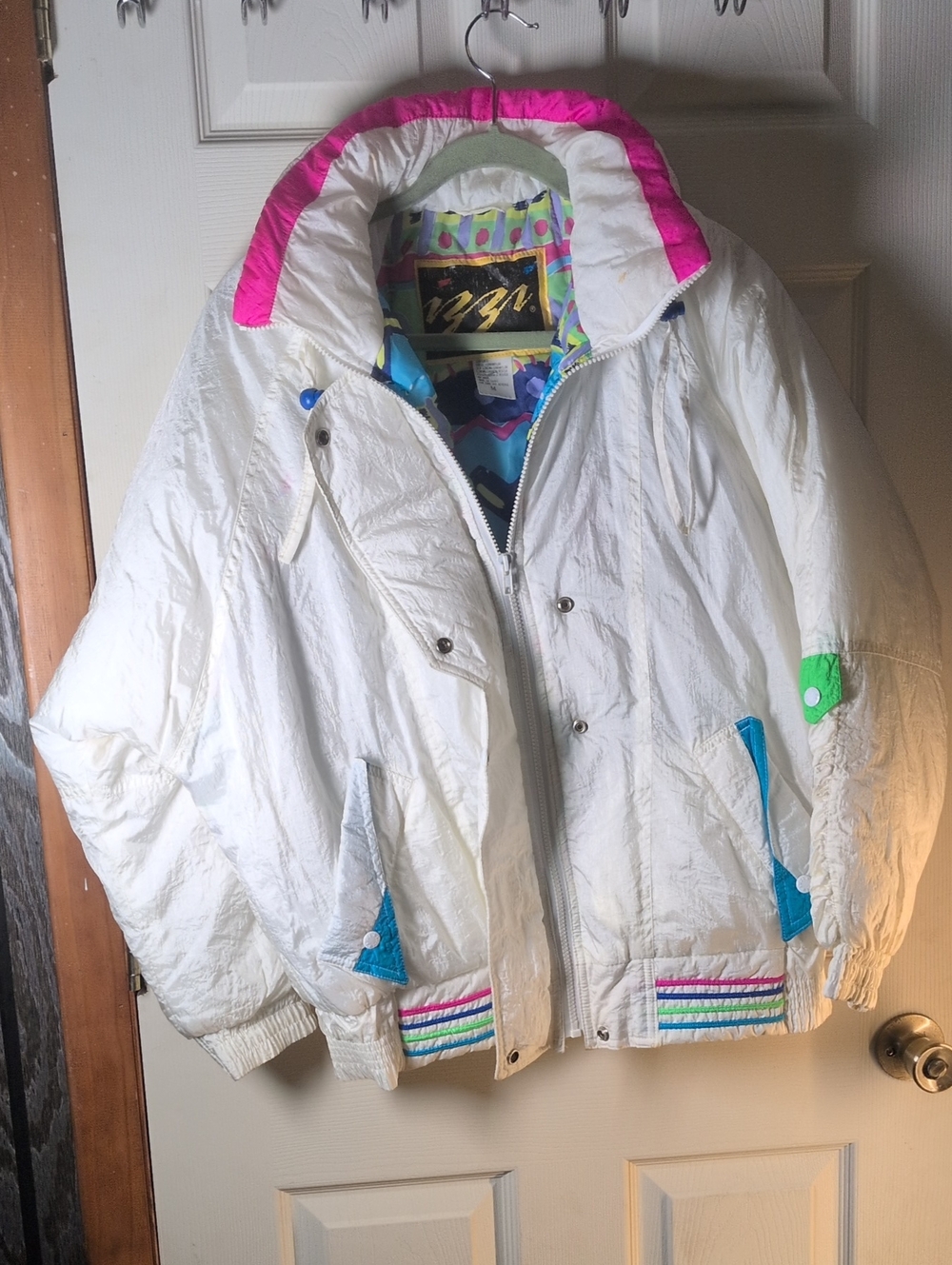 White Ski Jacket with Pink Collar and Teal Accents
